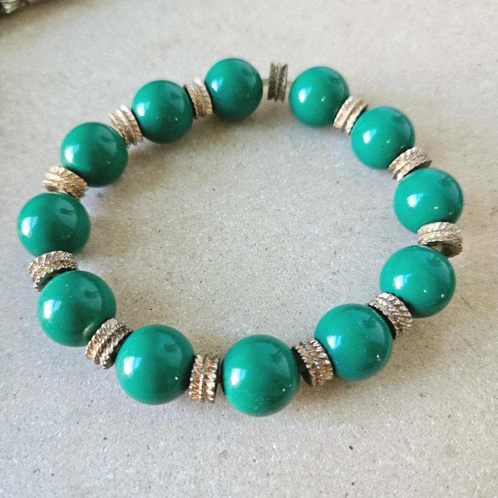 Talbots Green Long Bead Knotted Necklace Bracelet Set Gold Tone Chunky Boho 60s - Picture 4 of 5